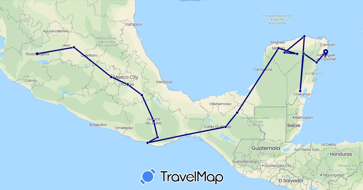 TravelMap itinerary: driving in Mexico (North America)